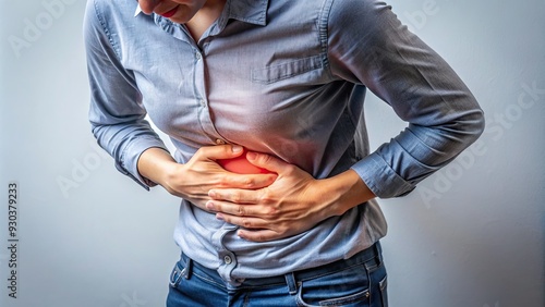 Fototapeta Naklejka Na Ścianę i Meble -  A person clutches their abdomen in discomfort, experiencing severe stomach cramps and nausea, highlighting the intense pain and discomfort of gastrointestinal distress.