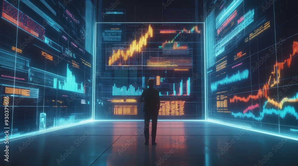 A man stands in front of a computer screen with a lot of numbers and graphs. The man is looking at the screen intently, possibly trying to understand the data or make a decision based on it A man stands in front of a computer screen with a lot of numbers and graphs. The man is looking at the screen intently, possibly trying to understand the data or make a decision based on it