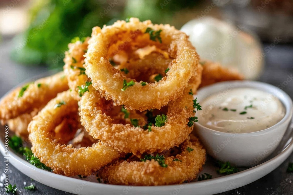 Golden Battered Onion Rings with Dipping Sauce Golden Battered Onion Rings with Dipping Sauce
