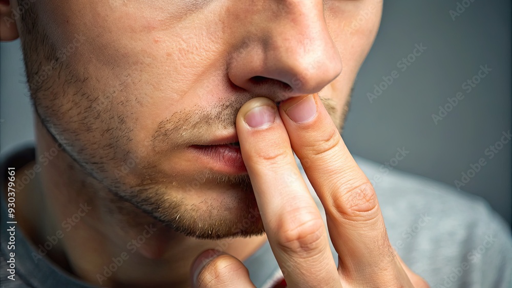 A person's hand instinctively rises to scratch a slightly upturned nose, a habitual and relatable gesture conveying a moment of subtle distraction or mild uncertainty. A person's hand instinctively rises to scratch a slightly upturned nose, a habitual and relatable gesture conveying a moment of subtle distraction or mild uncertainty.