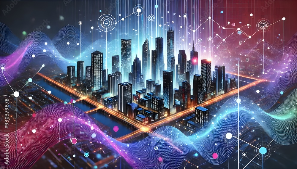 Obraz premium A futuristic cityscape illuminated with digital connections and data networks, symbolizing smart cities and technology integration.