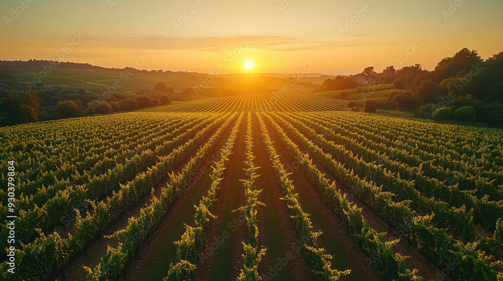 Obraz premium Aerial view of a vineyard at sunset, with rows of grapevines ready for harvest, symolizing the wine-making process.