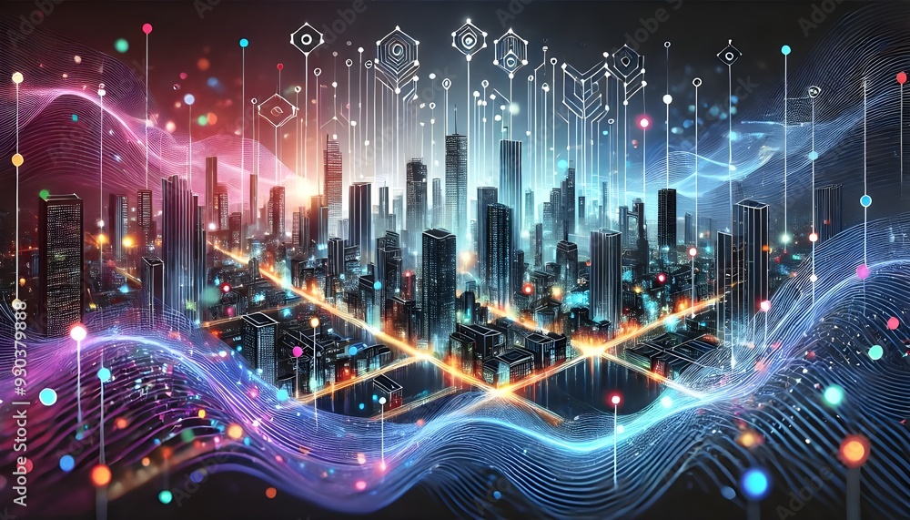 A futuristic cityscape illuminated with digital connections and data networks, symbolizing smart cities and technology integration. A futuristic cityscape illuminated with digital connections and data networks, symbolizing smart cities and technology integration.