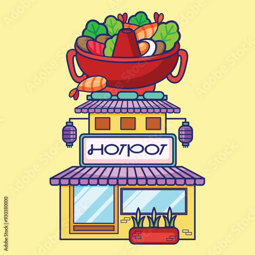 Hot pot, Japanese and Chinese style food shop, flat and colorful illustrations.