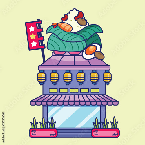 Ba Jang(Zongzi), a Chinese style food store, type of rice, flat and colorful illustrations.
