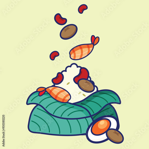 Ba Jang(Zongzi), Chinese style food, type of rice, flat and colorful illustrations.