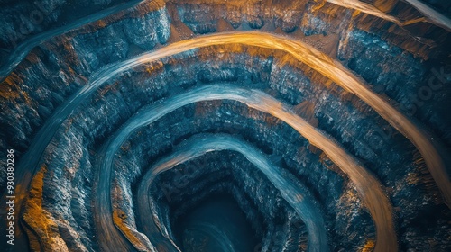 Aerial view of an open-pit mine, with terraced layers revealing the vast scale of mineral extraction. photo