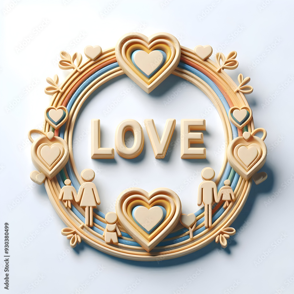 3D Family Diversity Heart Frame with Love Text on White Background - Minimalist Design for Romantic and Family Concepts 3D Family Diversity Heart Frame with Love Text on White Background - Minimalist Design for Romantic and Family Concepts