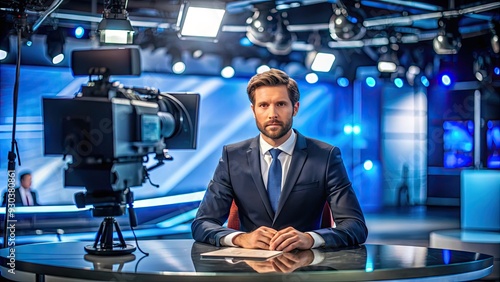 A professional news anchor sits confidently in a modern TV studio, surrounded by cameras and lights, preparing to conduct a live on-air interview.