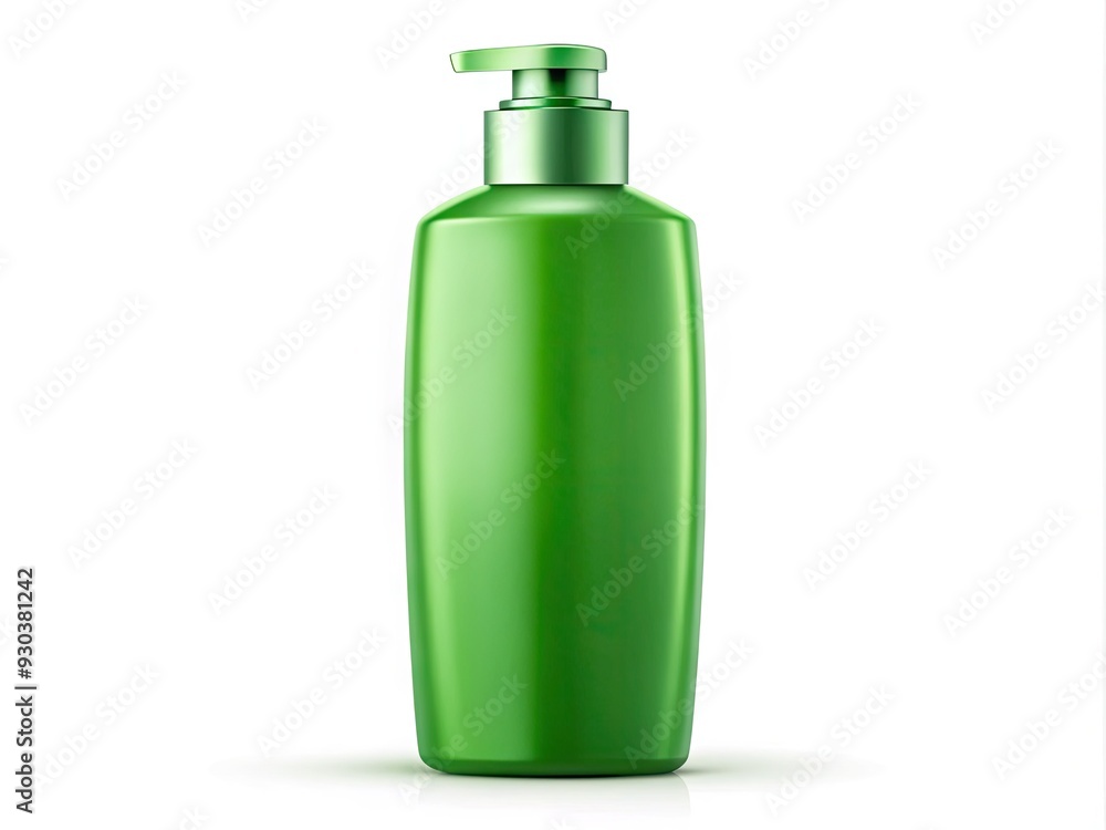 A realistic isolated green plastic shampoo bottle with a flip-top lid, on a white background, empty and ready for custom label design and branding. A realistic isolated green plastic shampoo bottle with a flip-top lid, on a white background, empty and ready for custom label design and branding.