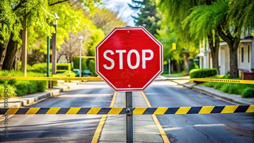 A red octagonal stop sign stands alone on a deserted street, surrounded by caution tape and COVID-19 warning signs, symbolizing pandemic restrictions. photo