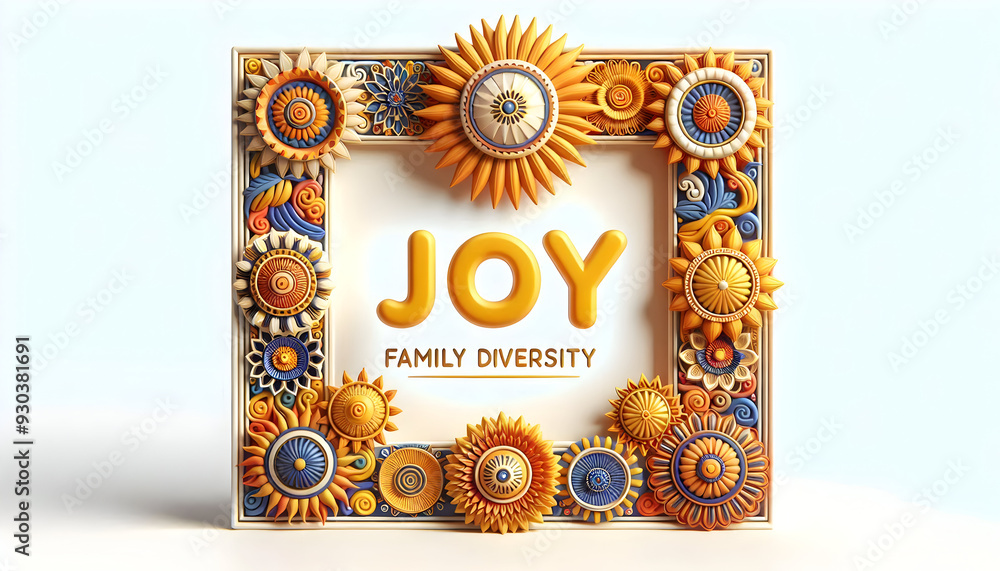 3D Family Diversity Sun Frame with Joy Text - Vibrant Border Design for ...
