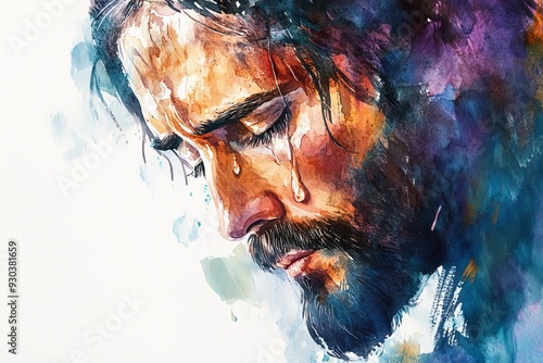 Close-up of Jesus' face in deep prayer, tears of compassion, soft watercolor brushstrokes, faith, religion, humility