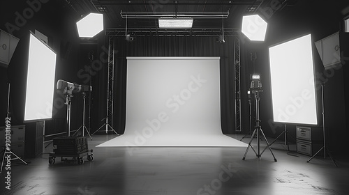 Blank black studio with a white background and some cinematic style lightning