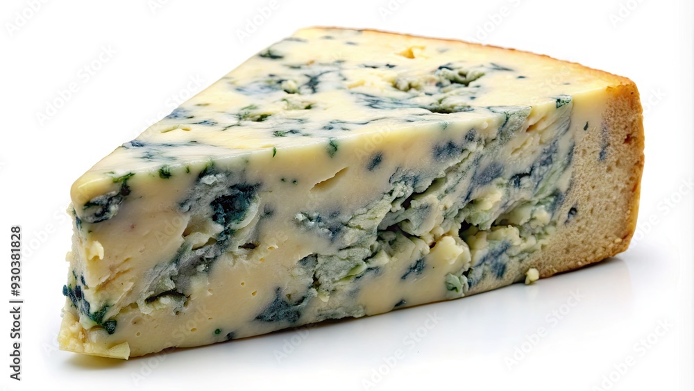 A rich and creamy slice of blue cheese rests on a crisp white background, its veiny texture and pungent aroma inviting a savory indulgence.