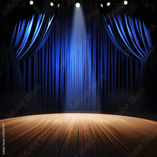Stage with blue curtains in the background and spotlight on the floor