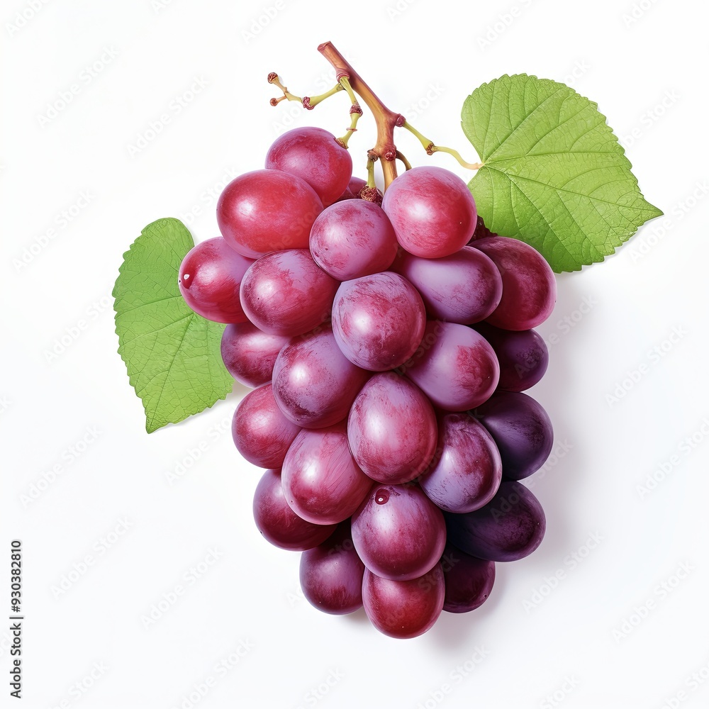 Fototapeta premium A vibrant bunch of ripe red grapes with fresh green leaves on a clean white background. Perfect for food, drink, health, and wellness content online and in print media.