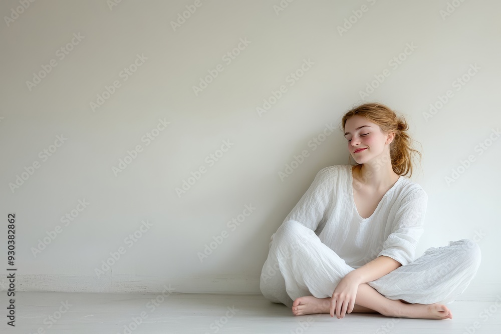 Woman with red hair sitting peacefully against a minimalist backdrop embodying tranquility simplicity and the quiet beauty of self reflection in a serene modern space Woman with red hair sitting peacefully against a minimalist backdrop embodying tranquility simplicity and the quiet beauty of self reflection in a serene modern space