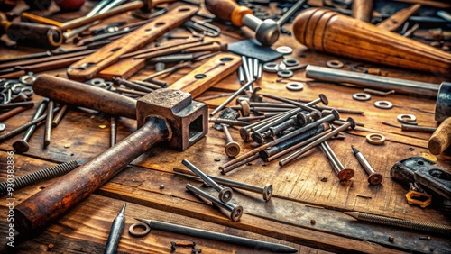 A rusty metal bar tool lies on a worn wooden workbench surrounded by scattered nails, screws, and other DIY project materials in a cluttered workshop.