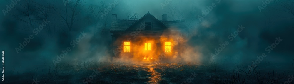 Haunted House in Fog with Glowing Windows Haunted House in Fog with Glowing Windows