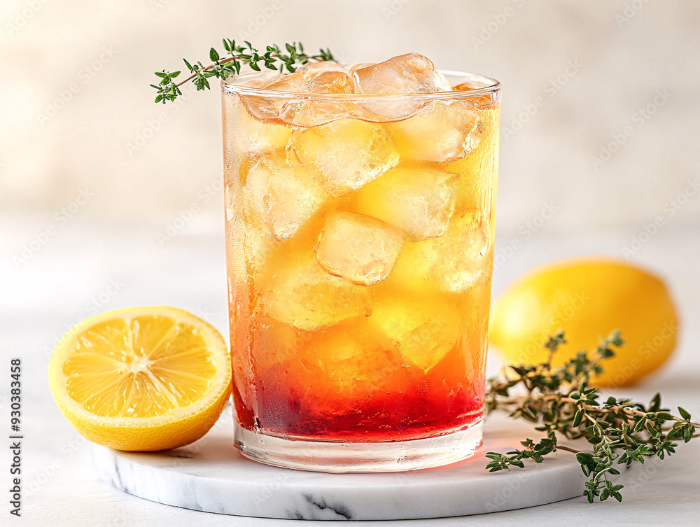 A glass of lemonade with lemon and red raspberry syrup, garnished with a lemon wedge and a sprig of mint, served on a white tray.