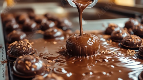 Chocolate eing poured into molds in a confectionery, showcasing the process of making gourmet sweets. photo