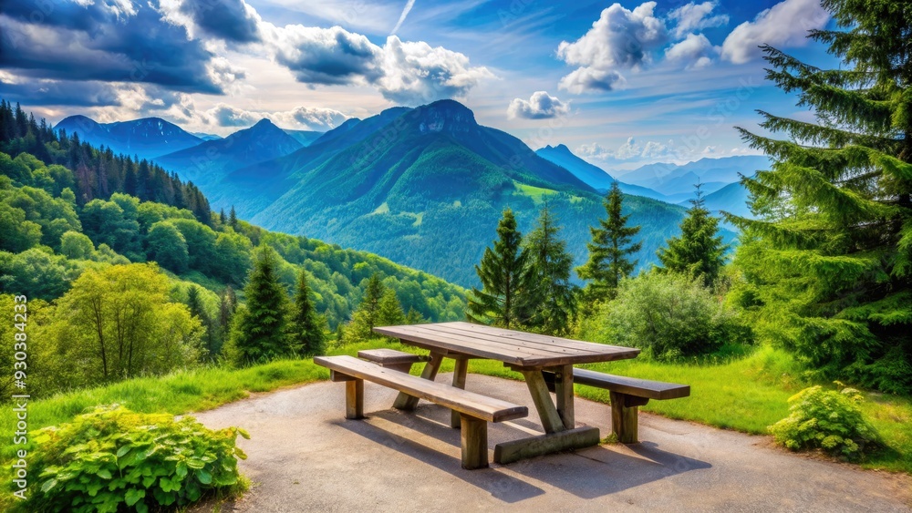 A serene roadside rest stop surrounded by lush greenery, featuring a picnic table, benches, and a scenic overlook with a vast mountain range backdrop. A serene roadside rest stop surrounded by lush greenery, featuring a picnic table, benches, and a scenic overlook with a vast mountain range backdrop.