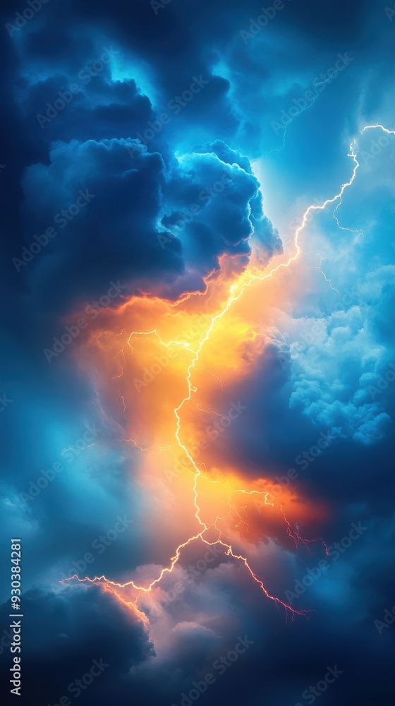 A blue and orange sky with lightning bolts A blue and orange sky with lightning bolts