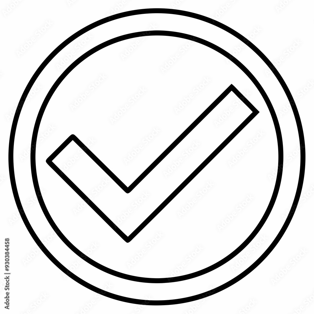 A bold checkmark symbol is centered within a plain circle outline A bold checkmark symbol is centered within a plain circle outline