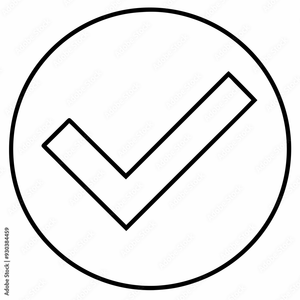 A bold checkmark symbol is centered within a plain circle outline A bold checkmark symbol is centered within a plain circle outline