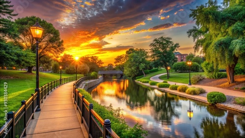 A serene sunset casts a warm orange glow over the tranquil Riverwalk area in Naperville, Illinois, surrounded by lush greenery and walking paths. photo