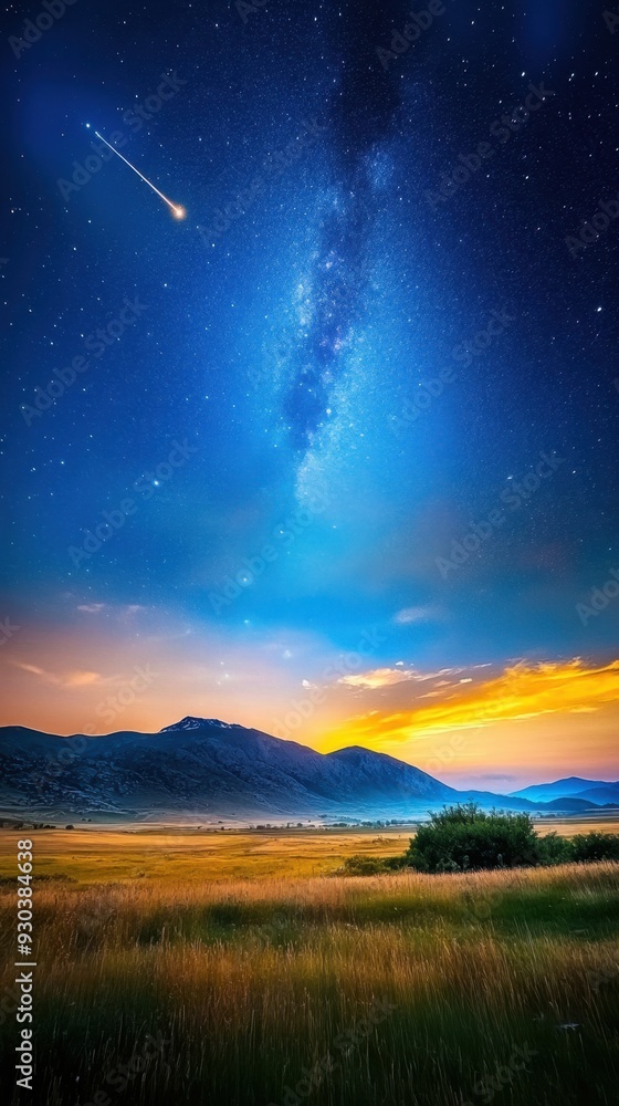 Fototapeta premium A beautiful night sky with a shooting star and a large, dark sky