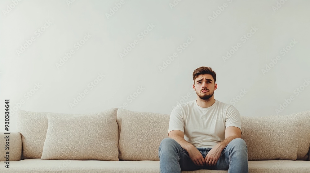 Solitary Man Sitting on Sofa, Overwhelmed by Sadness Solitary Man Sitting on Sofa, Overwhelmed by Sadness
