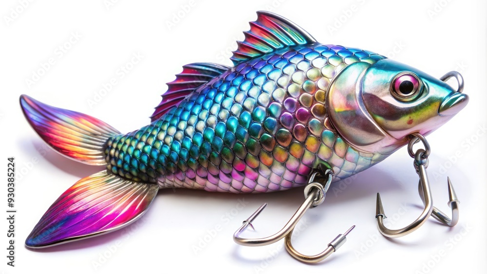Fototapeta premium A shiny metal fishing lure in the shape of a fish, adorned with vibrant feathers and iridescent scales, suspended from a hook on a white background.