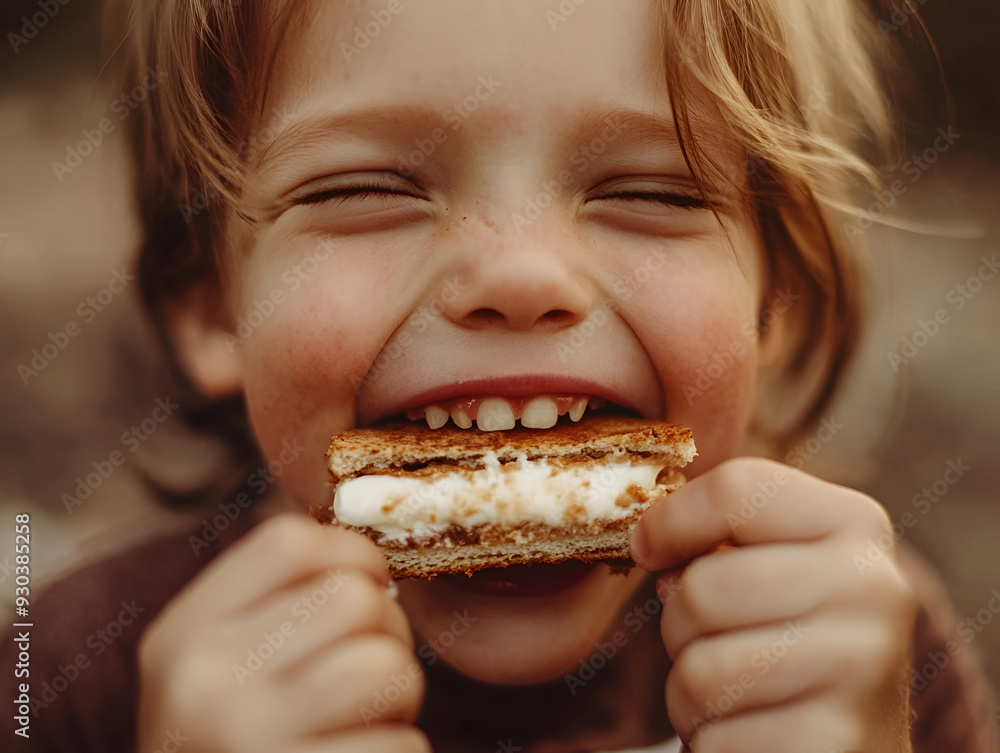 Happy Child with Creamy Sandwich Outdoors