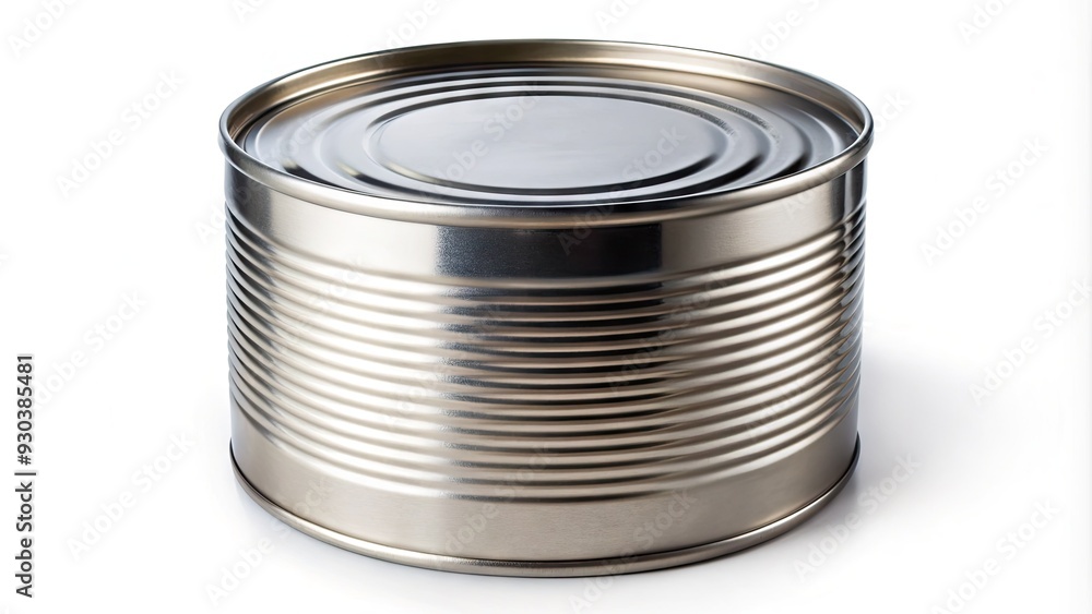 A shiny silver metal tin can with a lid, often used for packaging food or chemicals, sits isolated on a white background with a subtle shadow. A shiny silver metal tin can with a lid, often used for packaging food or chemicals, sits isolated on a white background with a subtle shadow.