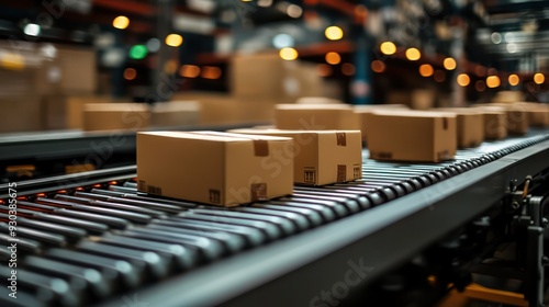 Close-up of a conveyor elt transporting packages in a warehouse, symolizing efficiency in logistics and distriution. photo