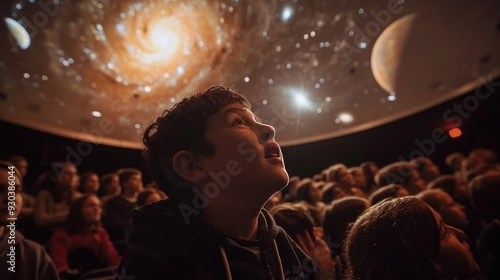 Obraz na płótnie Child Marveling at a Planetarium Show: Awe-Inspiring Space Experience w salonie