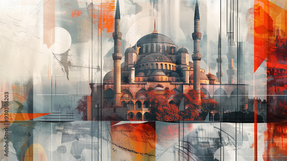 Obraz premium Artistic wallpaper of the city of istanbul with the cathedral of Hagia Sofia painted in an expressionist style with textures. Colorful tourist postcard of Turkey with the temple in the background
