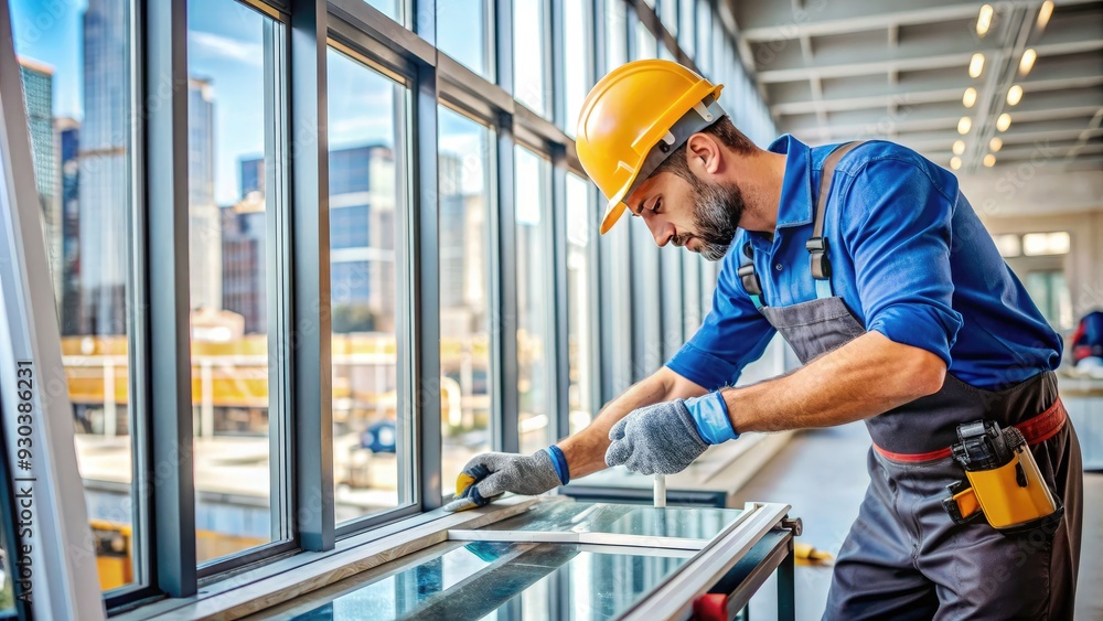 A skilled technician carefully applies a sheet of glass to a window frame, precision tools scattered around, amidst a backdrop of urban construction activity. A skilled technician carefully applies a sheet of glass to a window frame, precision tools scattered around, amidst a backdrop of urban construction activity.