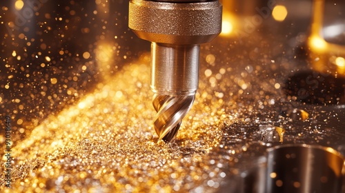 Close-up of a drill it in action, oring into metal, symolizing precision and power in machinery tools. photo