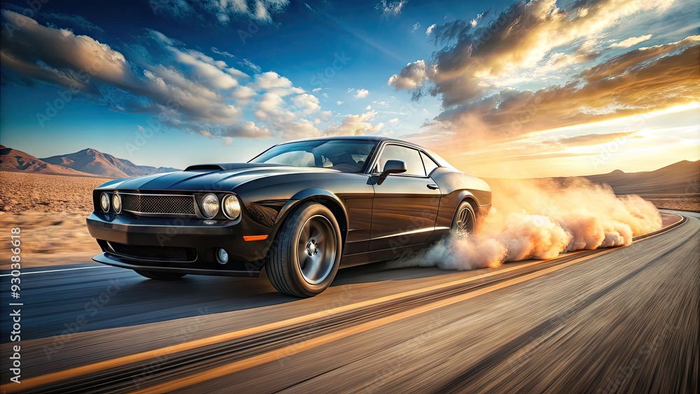 A sleek, black muscle car speeds down a desert highway, trailed by a cloud of smoke, emphasizing power and rebellion under a bright, blue sky. A sleek, black muscle car speeds down a desert highway, trailed by a cloud of smoke, emphasizing power and rebellion under a bright, blue sky.