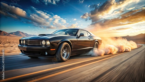 A sleek, black muscle car speeds down a desert highway, trailed by a cloud of smoke, emphasizing power and rebellion under a bright, blue sky.