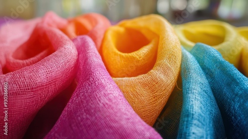 Close-up of a faric eing dyed in virant colors, showcasing the dyeing process in the textile industry. photo