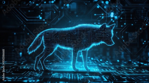 A glowing wolf silhouette composed of circuit patterns, symbolizing technology and nature. photo