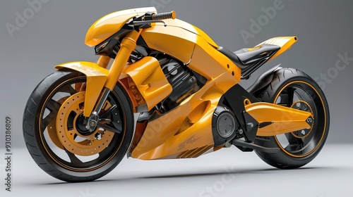 Futuristic yellow motorcycle design with sleek lines and black accents. photo