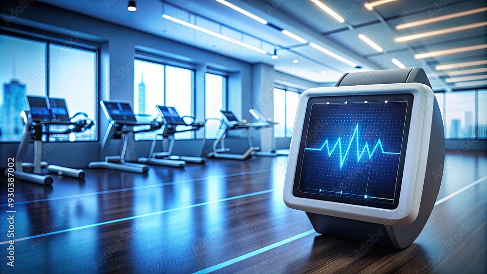 Naklejka premium A sleek, high-tech heart rate monitor displays a steady cardiac rhythm on a bright, blue-lit screen, amidst a blurred hospital or gym background.