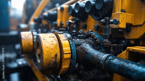 Close-up of a hydraulic system on a piece of heavy equipment, symolizing the power and control in machinery. photo