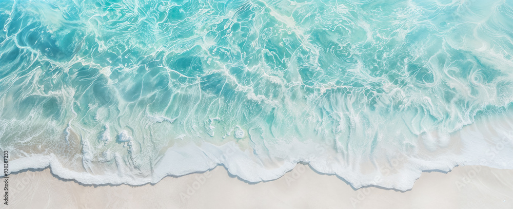 Tropical Beach Paradise & Ocean Tranquility. Turquoise Waves Crash on White Sand Beach: Panoramic Aerial View of a Tropical Paradise. Ocean, Summer, Travel Concept.