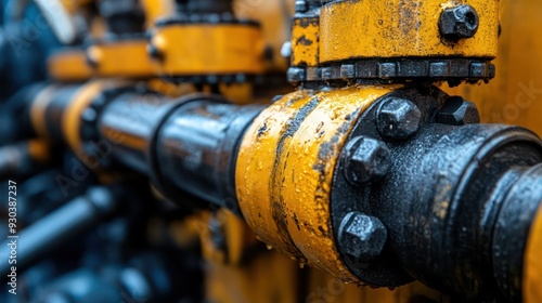 Close-up of a hydraulic system on a piece of heavy equipment, symolizing the power and control in machinery. photo